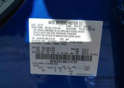 2021 Ford Ecosport S z USA, uszkodzony, nr VIN MAJ6S3FL4MC419759